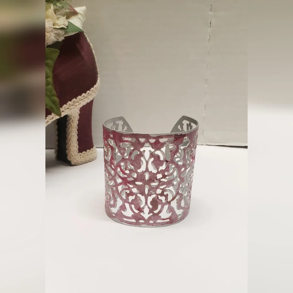 Hand Painted Abstract Pink & Silver Cuff Bracelet Filigree Statement Bracelet